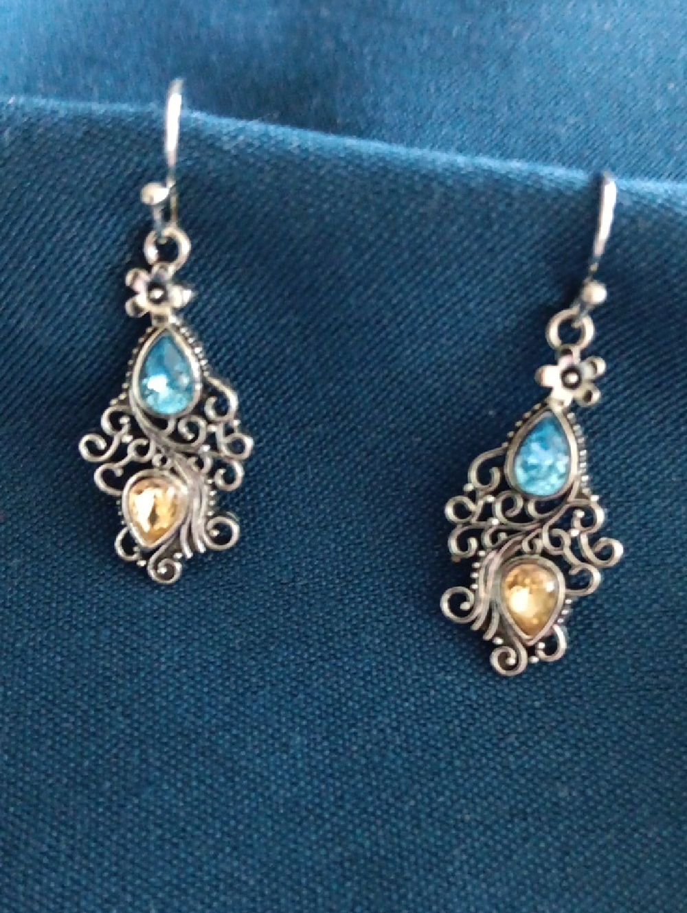 Sterling-Style Blue and Yellow Teardrop Filigree Earrings